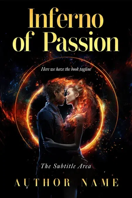 Intense book cover of "Inferno of Passion" featuring a couple surrounded by fiery flames and a glowing ring