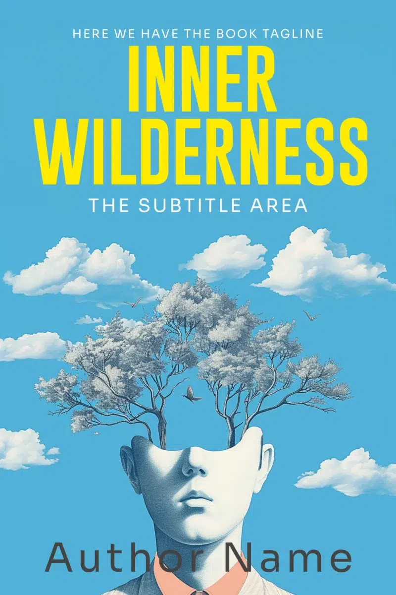 Inner Wilderness book cover featuring a surreal image of a human head with trees growing from it, symbolizing introspection and nature.