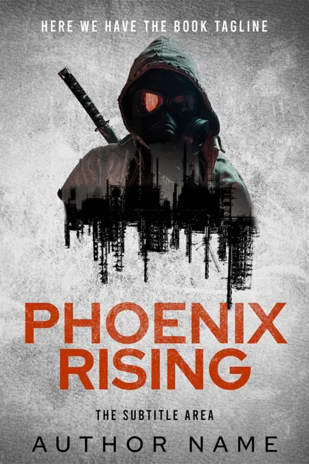 A masked figure in a hood with a katana, standing in front of a dystopian cityscape, symbolizing survival and resilience in a post-apocalyptic world.