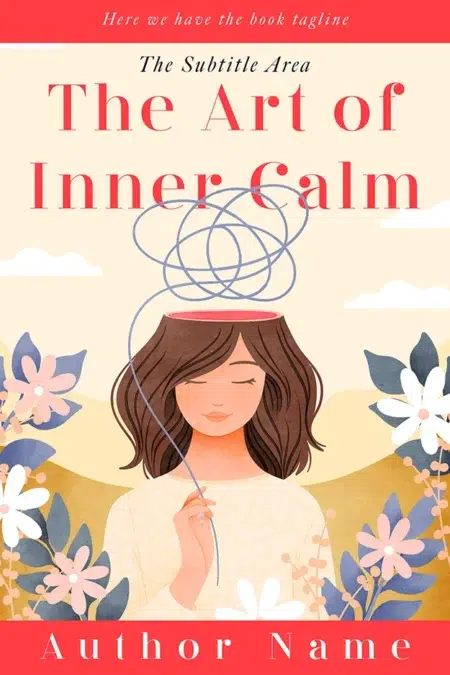 Serene book cover of "The Art of Inner Calm" featuring a woman in a peaceful setting with flowers and abstract lines symbolizing calmness