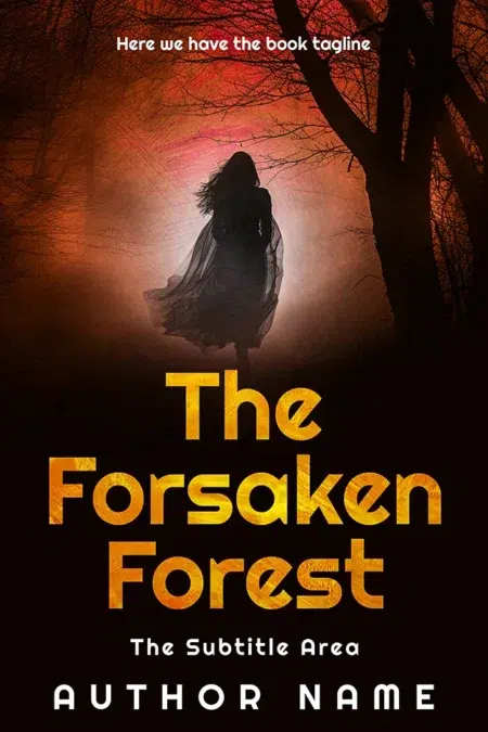 A dark and eerie book cover featuring a silhouette of a woman walking through a misty, ominous forest with twisted trees.