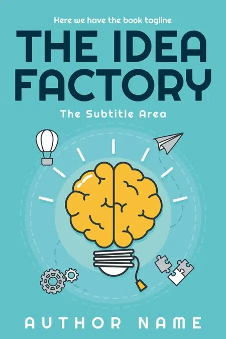 A creative book cover featuring a brain as a light bulb, surrounded by icons like gears, a paper airplane, and a hot air balloon, symbolizing innovation and ideas.