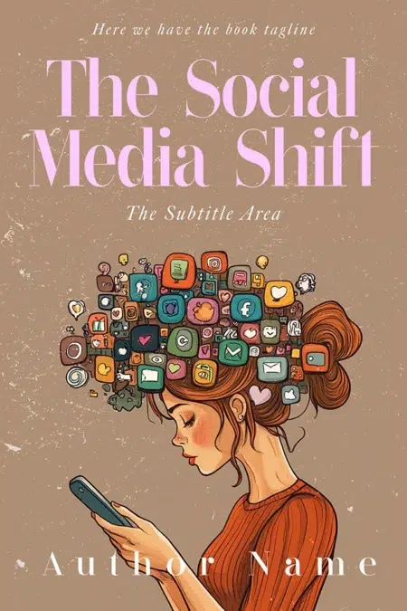 Contemporary book cover of "The Social Media Shift" featuring a woman engrossed in her phone with social media icons flowing from her head