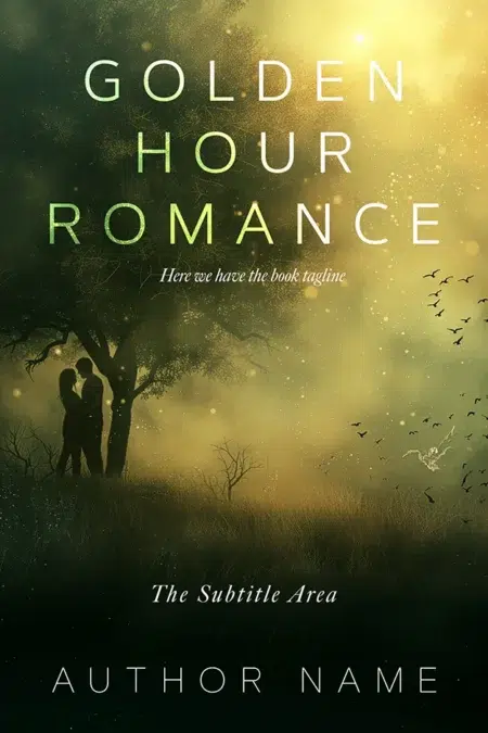 Romantic book cover of "Golden Hour Romance" featuring a couple embracing under a tree at sunset