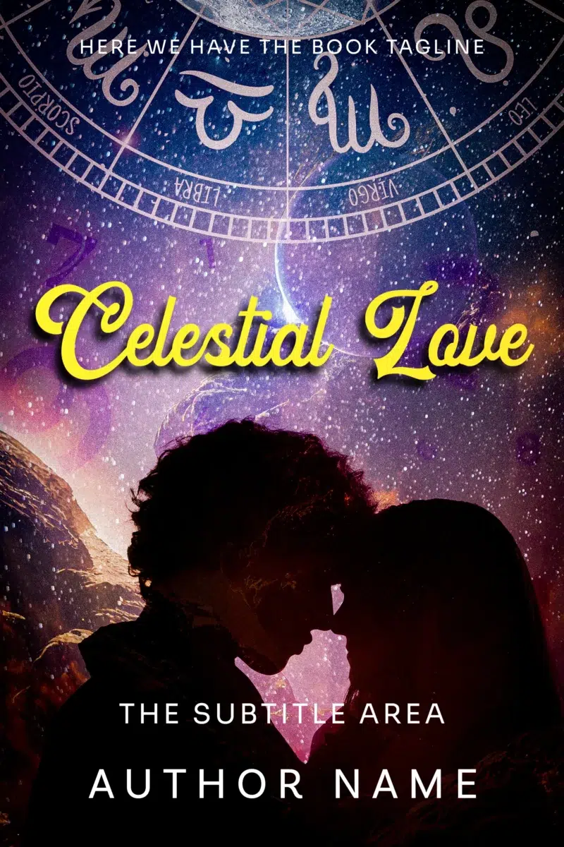 A romantic couple silhouetted under a starry sky with zodiac signs in the background, titled "Celestial Love"