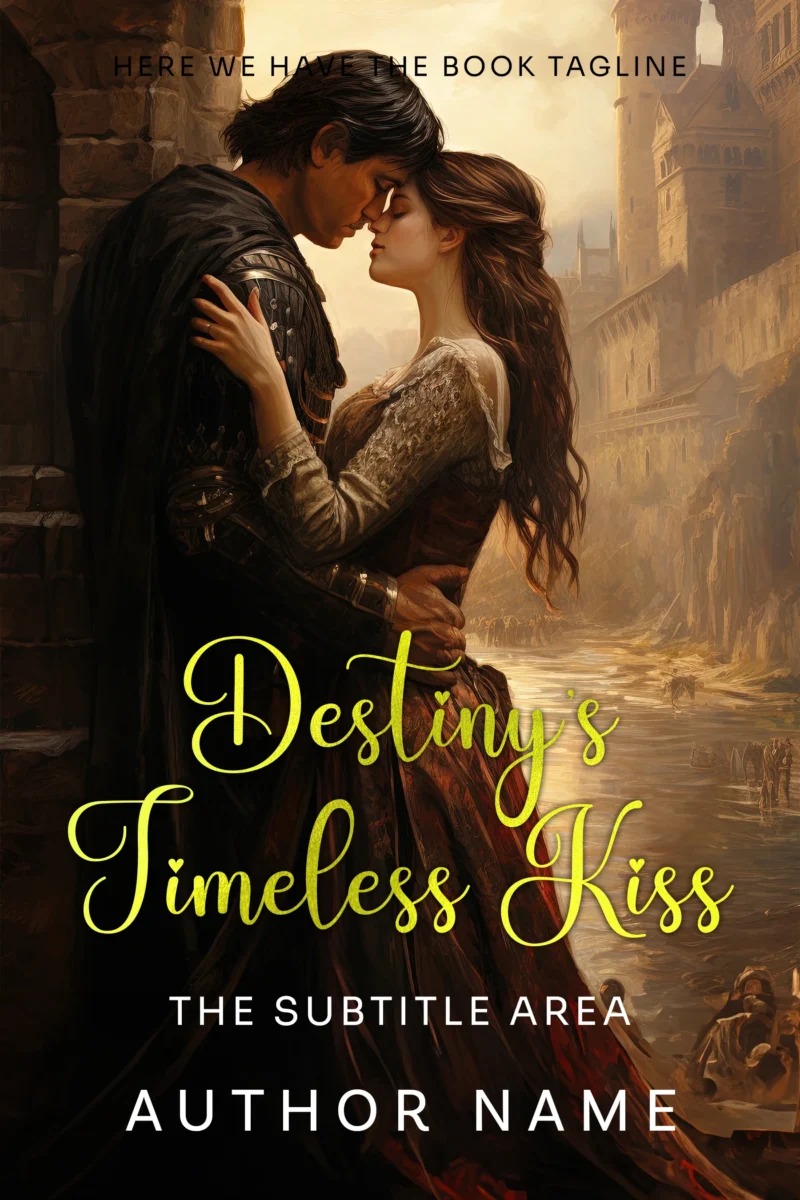 A romantic couple in medieval attire embracing in front of a castle, titled "Destiny's Timeless Kiss"