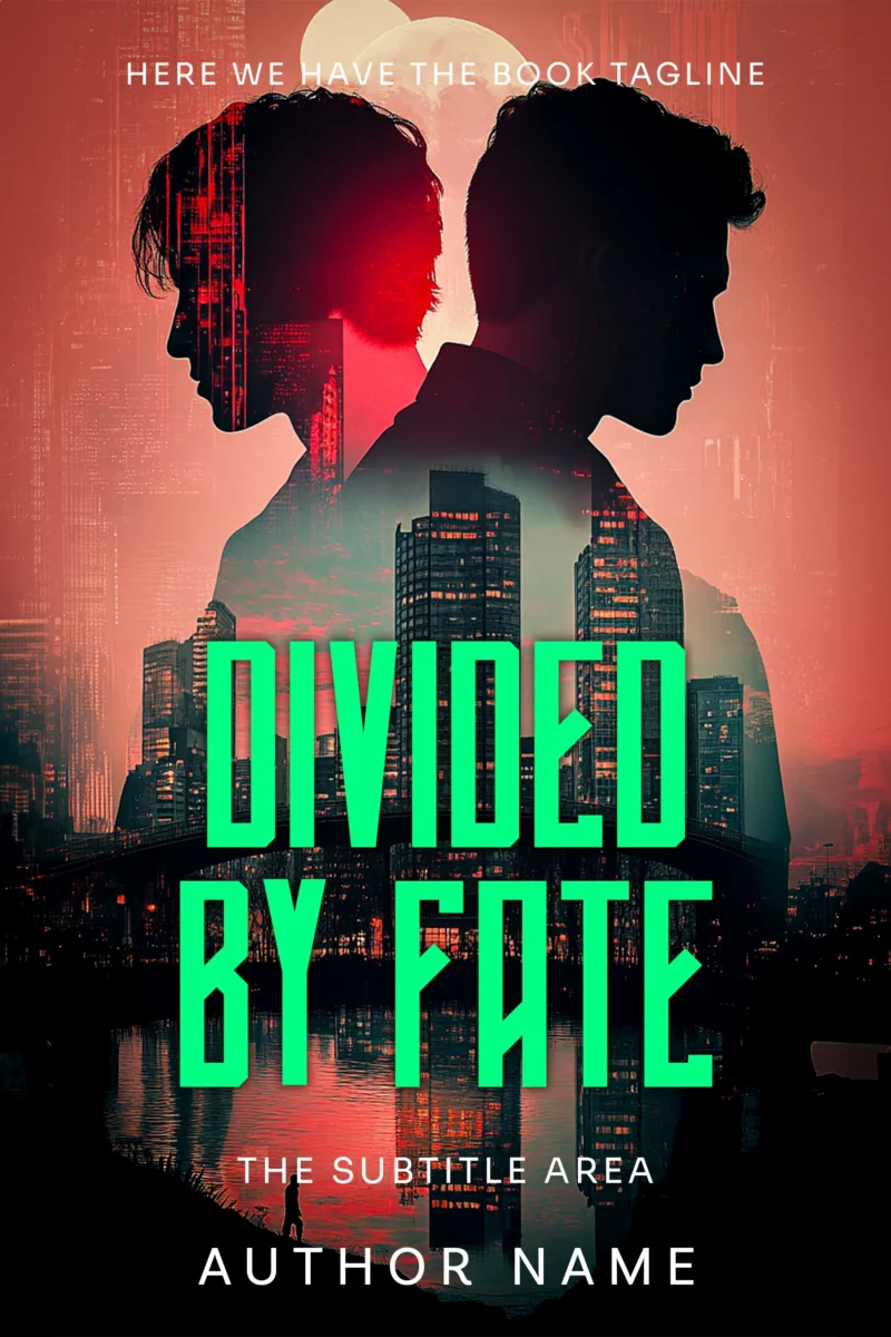 Two silhouetted figures facing opposite directions against a futuristic city skyline, titled "Divided by Fate"