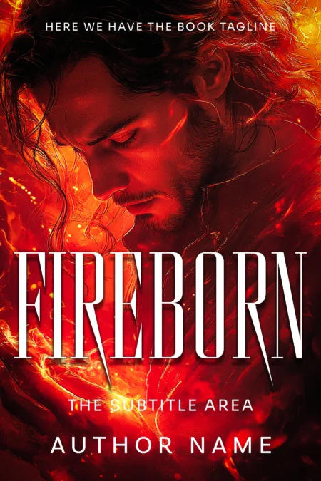 A fiery, intense close-up of a man surrounded by flames, titled "Fireborn," perfect for fantasy or supernatural genres