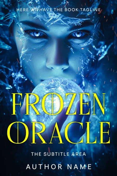 A mystical woman with icy blue eyes holding a glowing crystal ball, titled "Frozen Oracle," perfect for fantasy or supernatural genres