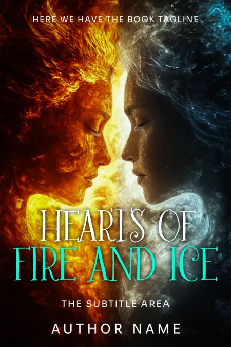 A fiery figure and an icy figure facing each other, representing the elemental forces of fire and ice, titled "Hearts of Fire and Ice"