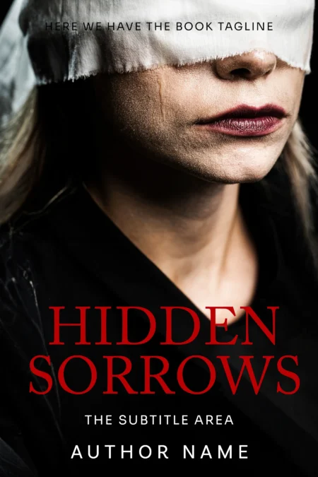 A close-up of a woman with a blindfold covering her eyes, titled "Hidden Sorrows," conveying mystery and emotional depth, ideal for thrillers or psychological dramas