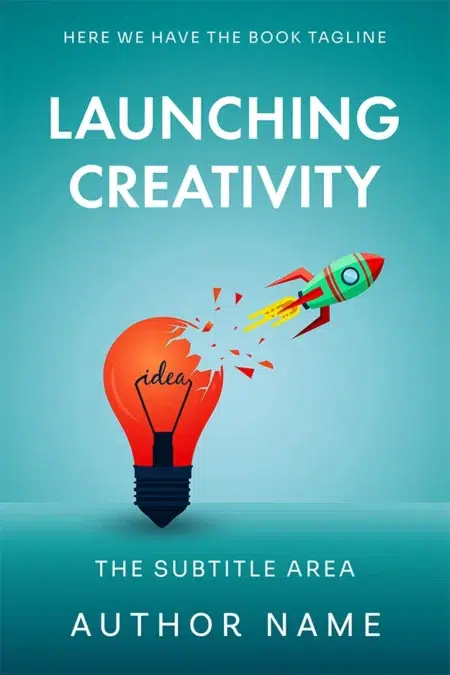 A colorful rocket launching from a lightbulb, symbolizing creativity and innovation on the book cover titled "Launching Creativity."