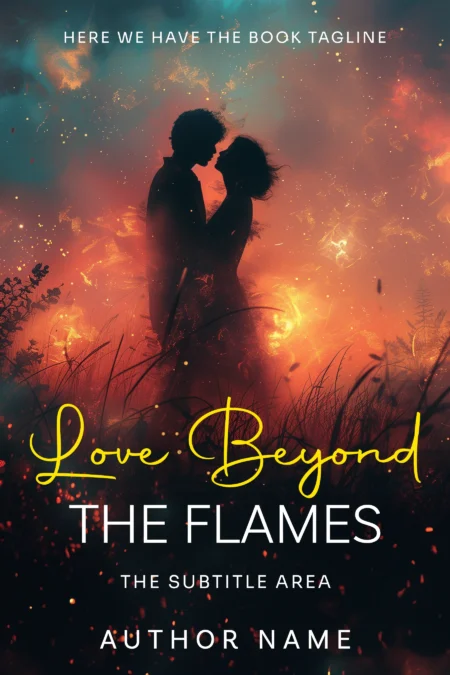 A silhouetted couple standing close together in a fiery, glowing field, titled "Love Beyond the Flames," perfect for romance or fantasy novels