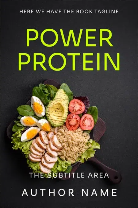 A vibrant book cover displaying a protein-packed meal with eggs, avocado, and quinoa, titled "Power Protein."