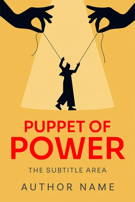 A shadowy figure controlled by strings held by hands, symbolizing manipulation and power dynamics, featured on the book cover titled "Puppet of Power."