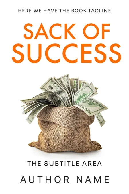 A burlap sack overflowing with cash, symbolizing wealth and financial success, featured on the book cover titled "Sack of Success."