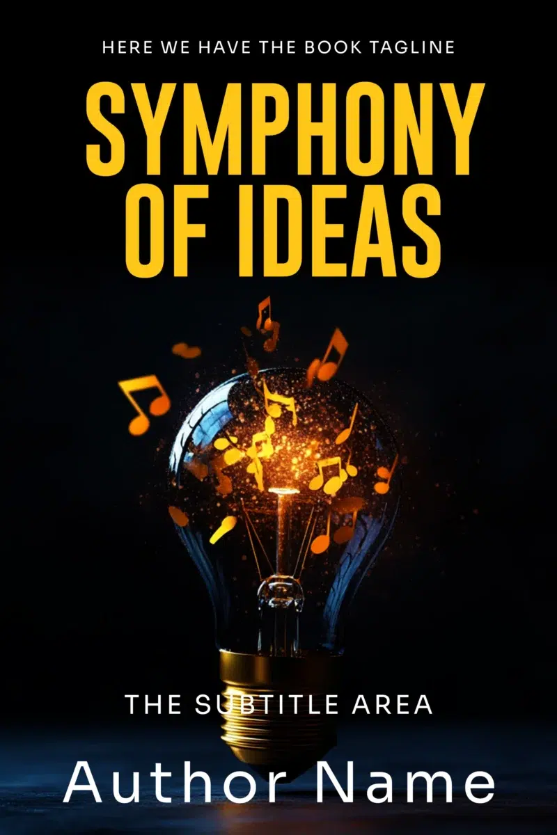 Symphony of Ideas book cover featuring a glowing light bulb with musical notes emerging from it, symbolizing creativity and inspiration.