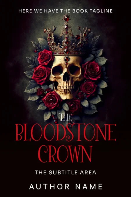 A skull wearing an ornate crown adorned with blood-red jewels and surrounded by red roses, titled "The Bloodstone Crown," perfect for dark fantasy or gothic novels