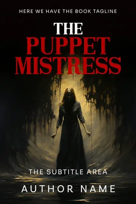 A shadowy woman standing in darkness, controlling strings like a puppet master, featured on the book cover titled "The Puppet Mistress."