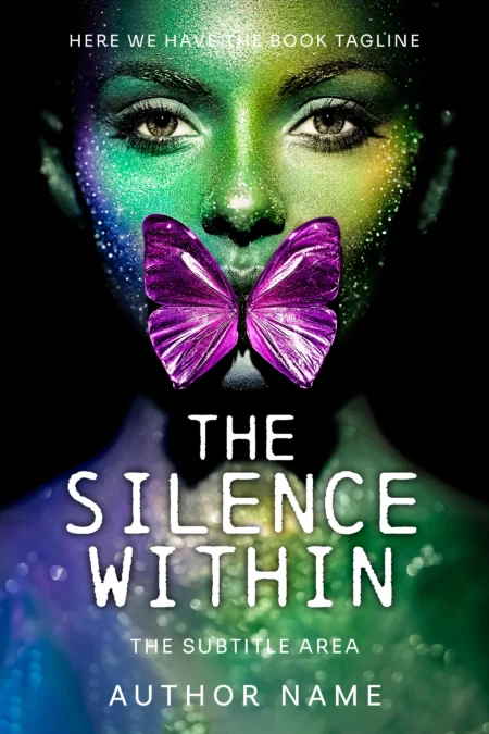 A vibrant, surreal face with a purple butterfly covering the mouth, titled "The Silence Within," perfect for psychological thrillers or mystery novels