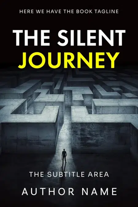 A lone figure walking through a vast, shadowy maze, symbolizing a journey of mystery and discovery, featured on the book cover titled "The Silent Journey."