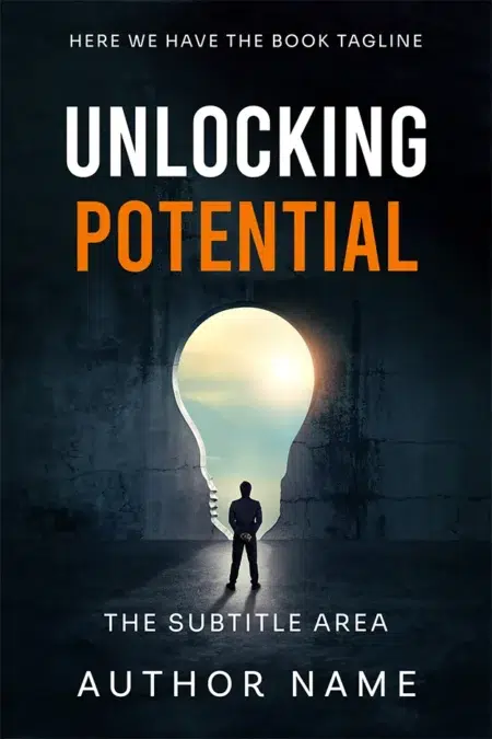 A person standing before a giant lightbulb-shaped opening, symbolizing discovery and growth, featured on the book cover titled "Unlocking Potential."