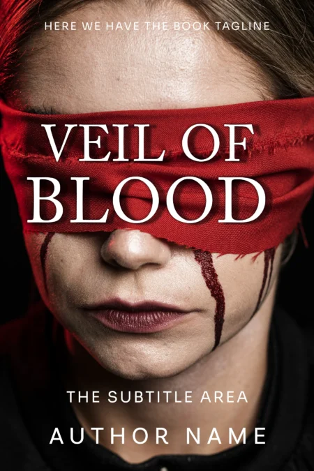 A woman with a red blindfold covering her eyes and blood streaking down her cheeks, titled "Veil of Blood," perfect for dark thrillers or horror novels