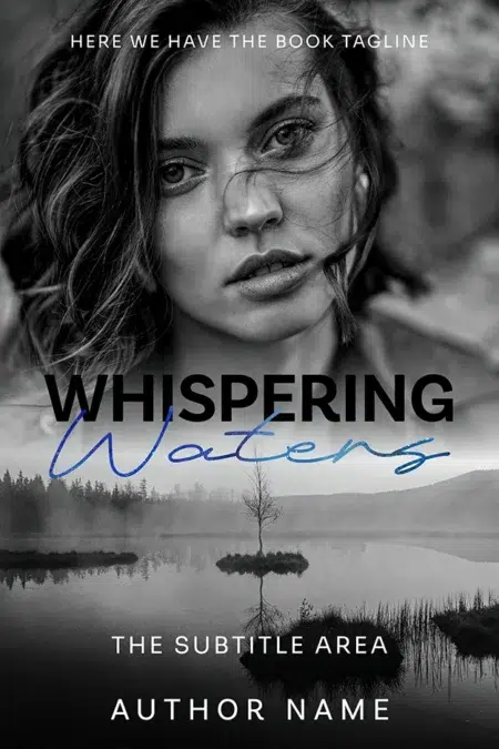 A moody romance book cover featuring a close-up of a young woman's face with wavy hair in black and white, blending into a serene lake scene with the title "Whispering Waters."