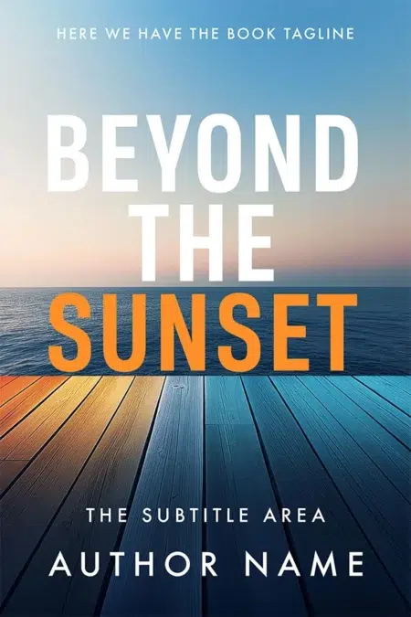 A vibrant premade book cover design titled "Beyond the Sunset," featuring a serene ocean scene with a sunset and wooden pier.