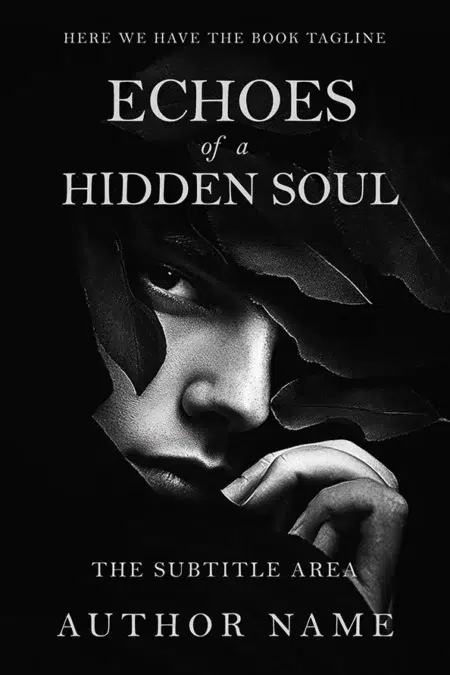 A dark and enigmatic premade book cover titled "Echoes of a Hidden Soul," featuring a haunting black-and-white portrait of a person partially obscured by shadows and leaves.