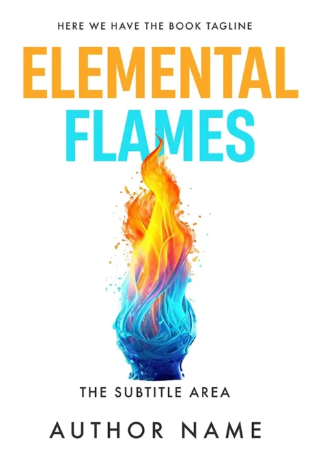 A vibrant premade book cover titled "Elemental Flames," featuring a dynamic flame combining blue and orange elements, symbolizing the fusion of fire and water.