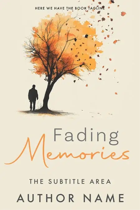 A soft and poignant premade book cover titled "Fading Memories," featuring a solitary figure standing near a tree shedding autumn leaves, symbolizing memory and loss.