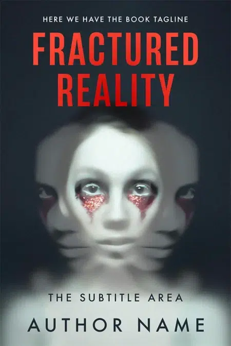 A dark and eerie premade book cover titled "Fractured Reality," featuring a distorted, mirrored face with red, teary eyes, symbolizing a fragmented mind or altered reality.