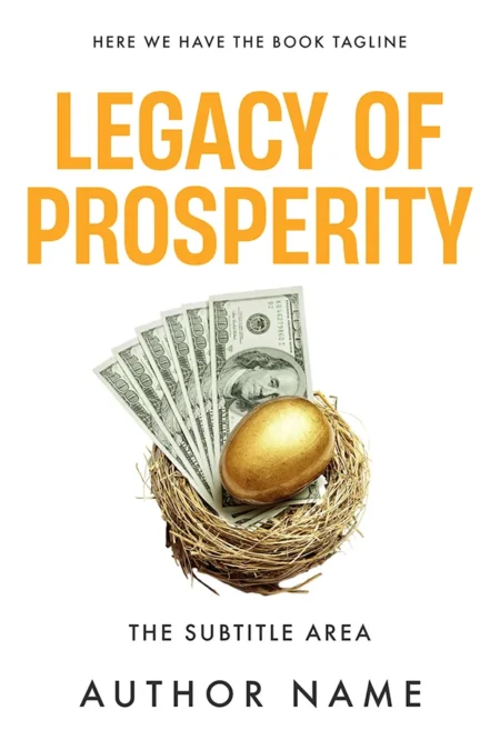 A professional premade book cover titled "Legacy of Prosperity," featuring a nest with a golden egg and dollar bills, symbolizing financial success and wealth building.