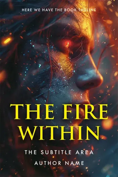 A fiery premade book cover titled "The Fire Within," featuring a glowing, intense profile of a character engulfed in sparks and flames, symbolizing inner strength and power.