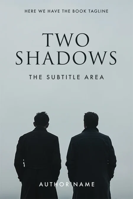 A dark premade book cover titled "Two Shadows," featuring two men in coats standing with their backs to the viewer, symbolizing mystery and suspense.