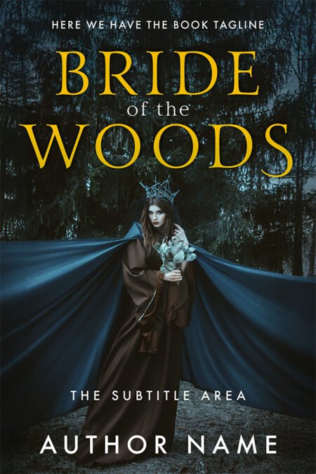 Dark fantasy book cover titled "Bride of the Woods" featuring a mystical woman in a shadowy forest.