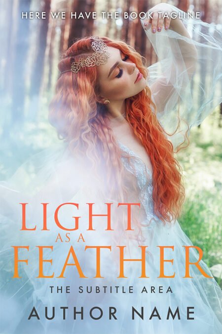 "Light as a Feather" fantasy romance book cover featuring a red-haired girl in an ethereal forest setting, with a dreamy and magical ambiance.