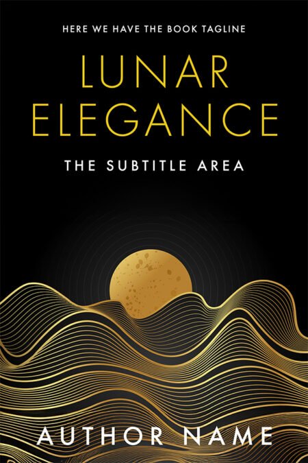 Minimalist book cover with a golden moon against a black background, featuring elegant, flowing lines.