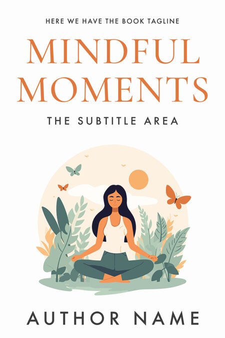 A serene book cover titled "Mindful Moments" featuring a woman meditating in nature, surrounded by plants and butterflies.