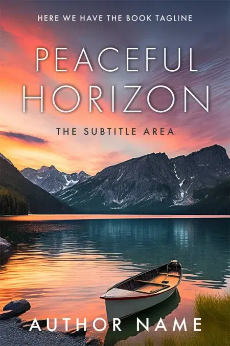 A serene book cover featuring a tranquil lake at sunset, surrounded by mountains and a small boat on the water