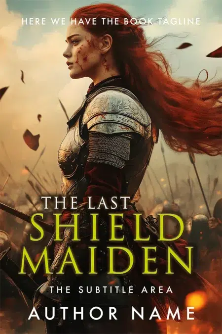 A fierce female warrior with red hair in armor, standing on a battlefield, surrounded by soldiers and glowing embers