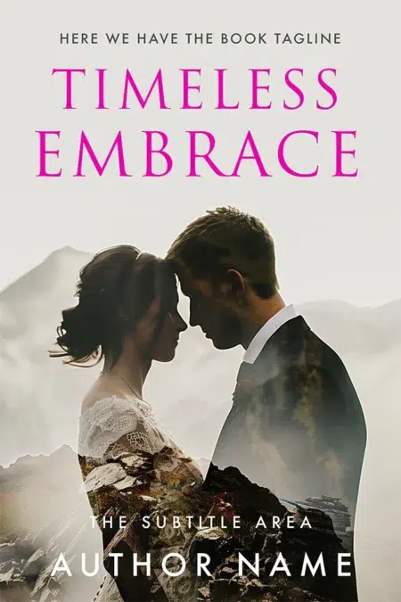 Romantic book cover featuring a couple in an intimate embrace against a backdrop of misty mountains, blending nature and romance