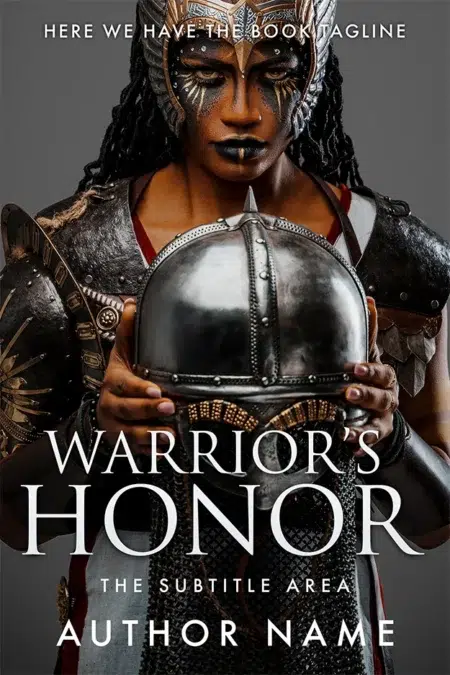 Fantasy book cover featuring a fierce warrior woman in intricate armor, holding a helmet with a powerful, intense gaze