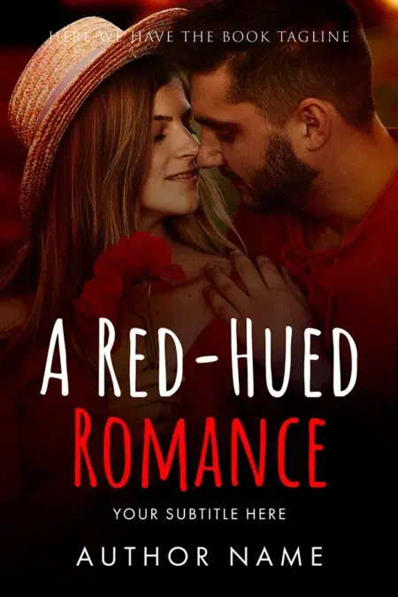 Premade book cover featuring a romantic couple in warm red tones, with a woman holding a red flower and a man leaning in close.