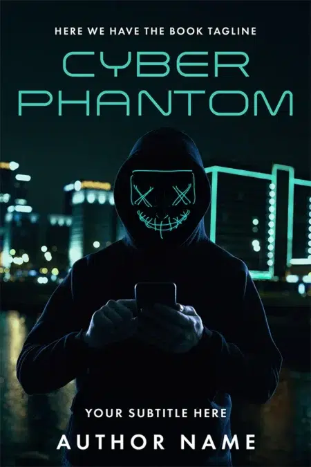 A premade book cover featuring a hooded figure with a glowing mask, holding a phone in a futuristic cityscape at night.