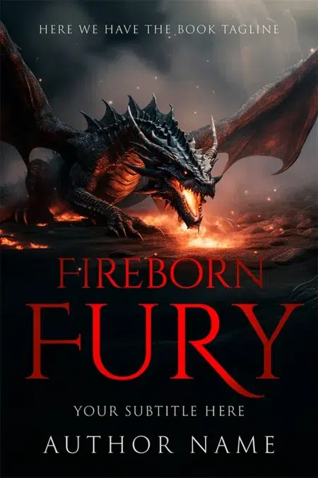 A premade book cover featuring a fierce black dragon with glowing eyes and flames erupting around it, set in a dark, fiery landscape.