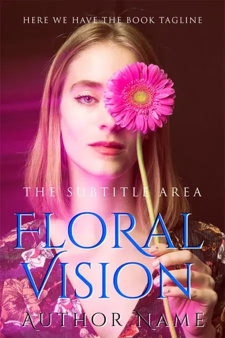 A premade book cover featuring a woman holding a vibrant pink flower over one eye, with a soft, artistic glow and a floral pattern on her outfit.