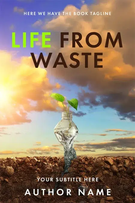 A premade book cover featuring a small plant sprouting from a clear plastic bottle embedded in soil, with a vibrant sky and sunlight in the background.