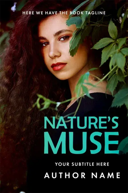 A premade book cover featuring a woman with flowing curly hair surrounded by lush green leaves, with a mysterious and natural ambiance.